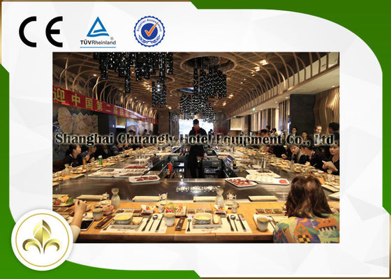 ซื้อ ตาราง Hibachi กลางแจ้งสี่เหลี่ยมผืนผ้า / วงกลมที่ไม่ได้มาตรฐานพร้อมที่นั่งหลายที่นั่ง8KW การผลิตออนไลน์